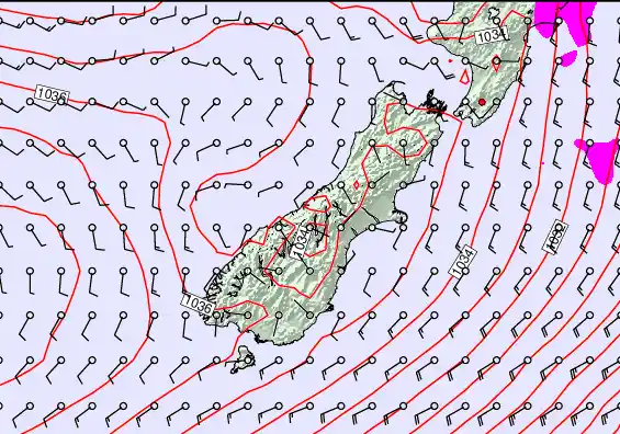 South Island forecast chart for Thursday, May 14th, 2026 at 6:00 AM