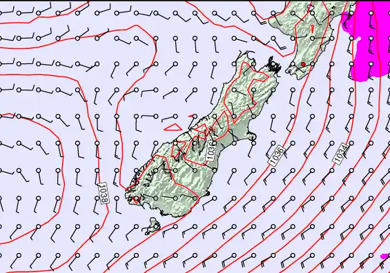 South Island forecast chart for Thursday, May 14th, 2026 at 12:00 PM