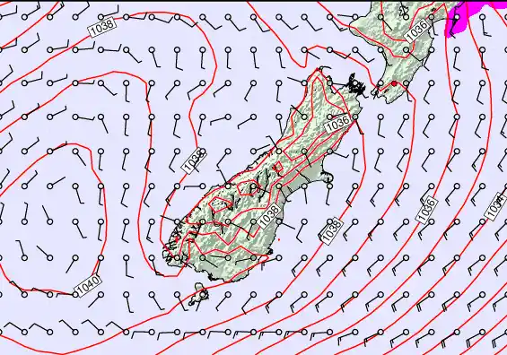 South Island forecast chart for Friday, May 15th, 2026 at 12:00 AM