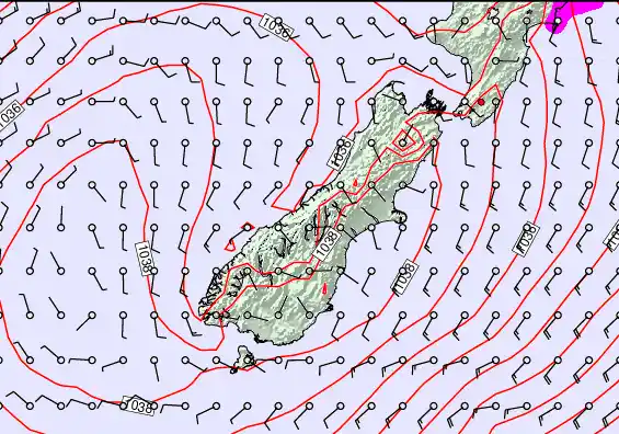 South Island forecast chart for Friday, May 15th, 2026 at 6:00 AM