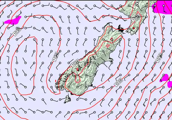 South Island forecast chart for Friday, May 15th, 2026 at 12:00 PM