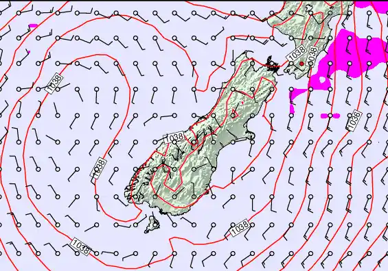 South Island forecast chart for Friday, May 15th, 2026 at 6:00 PM