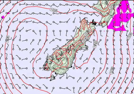South Island forecast chart for Saturday, May 16th, 2026 at 12:00 AM
