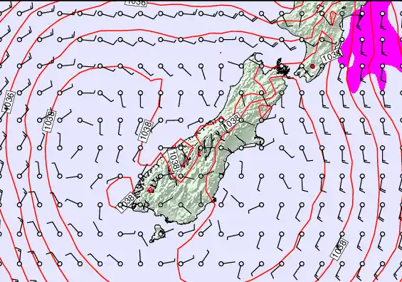 South Island forecast chart for Saturday, May 16th, 2026 at 6:00 AM