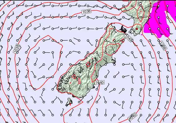South Island forecast chart for Saturday, May 16th, 2026 at 12:00 PM