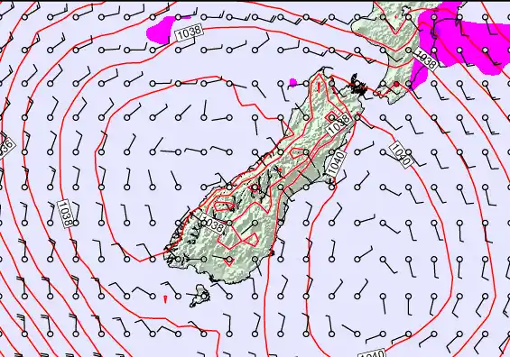 South Island forecast chart for Sunday, May 17th, 2026 at 12:00 AM