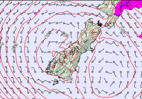 South Island forecast chart for Sunday, May 17th, 2026 at 6:00 AM