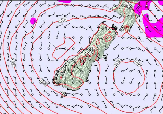 South Island forecast chart for Sunday, May 17th, 2026 at 12:00 PM