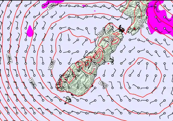 South Island forecast chart for Sunday, May 17th, 2026 at 6:00 PM