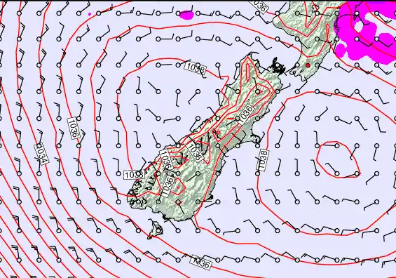 South Island forecast chart for Monday, May 18th, 2026 at 12:00 AM