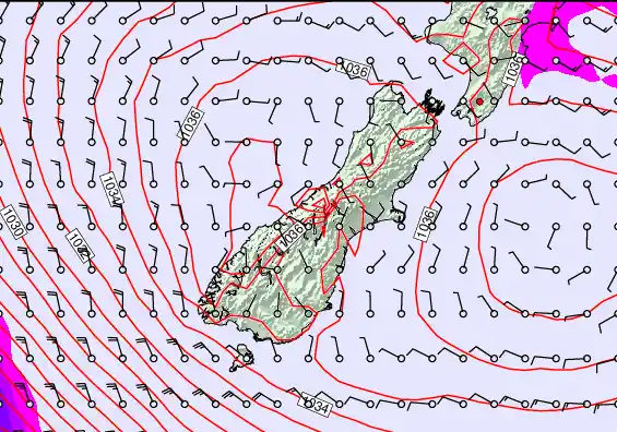 South Island forecast chart for Monday, May 18th, 2026 at 6:00 AM