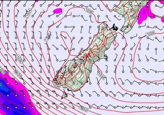 South Island forecast chart for Monday, May 18th, 2026 at 12:00 PM