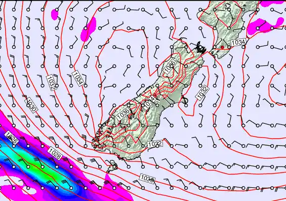 South Island forecast chart for Monday, May 18th, 2026 at 6:00 PM
