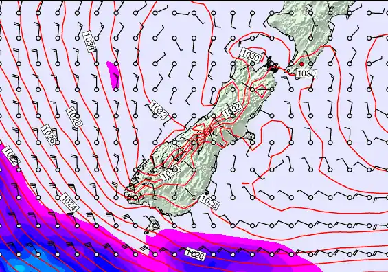 South Island forecast chart for Tuesday, May 19th, 2026 at 6:00 AM