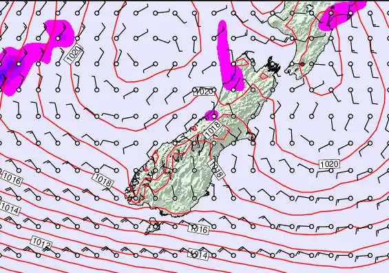 South Island forecast chart for Friday, May 22nd, 2026 at 12:00 PM