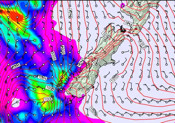 South Island forecast chart for Saturday, May 23rd, 2026 at 6:00 AM