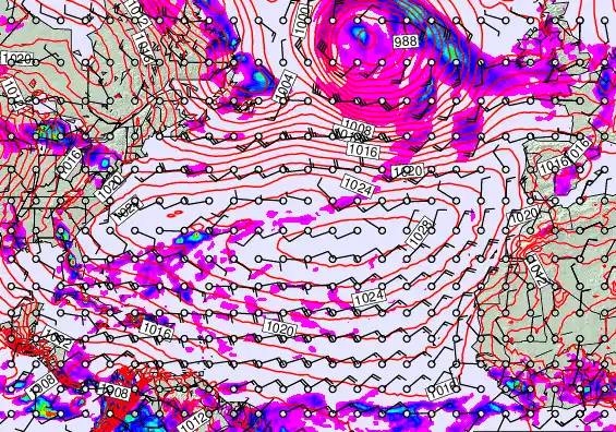 North Atlantic forecast chart for Monday, May 18th, 2026 at 12:00 AM