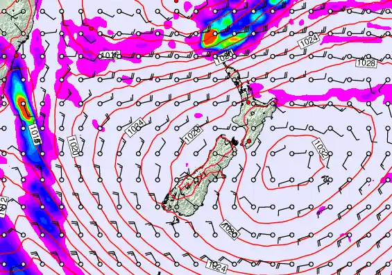 New Zealand forecast chart for Sunday, May 24th, 2026 at 12:00 PM