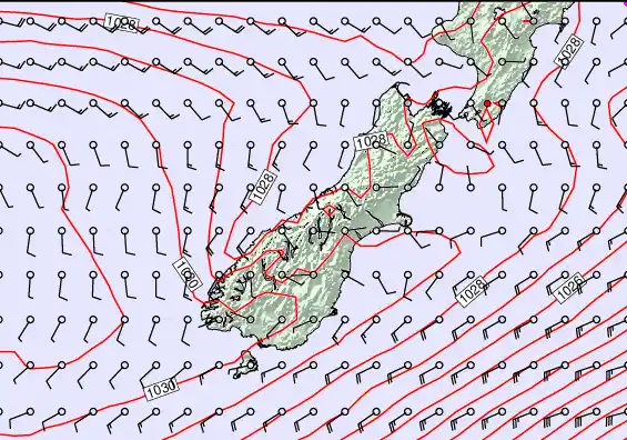 South Island forecast chart for Saturday, May 23rd, 2026 at 6:00 AM