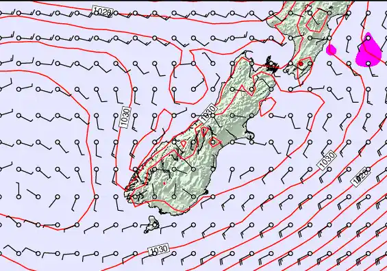 South Island forecast chart for Saturday, May 23rd, 2026 at 12:00 PM