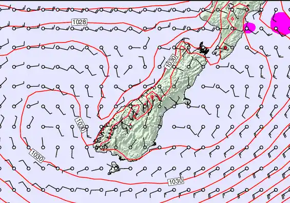 South Island forecast chart for Saturday, May 23rd, 2026 at 6:00 PM