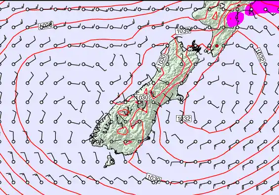 South Island forecast chart for Sunday, May 24th, 2026 at 12:00 AM