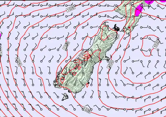South Island forecast chart for Sunday, May 24th, 2026 at 6:00 AM
