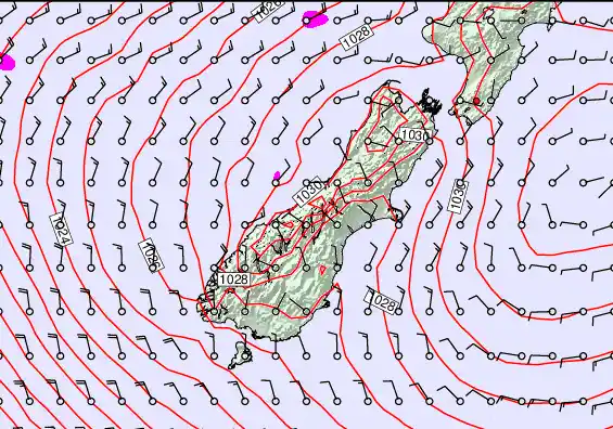 South Island forecast chart for Sunday, May 24th, 2026 at 12:00 PM