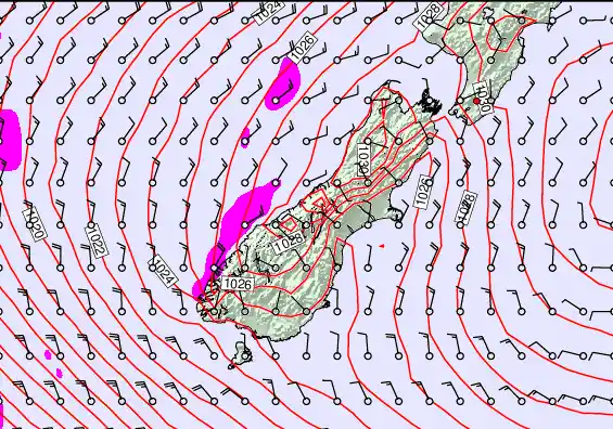 South Island forecast chart for Sunday, May 24th, 2026 at 6:00 PM