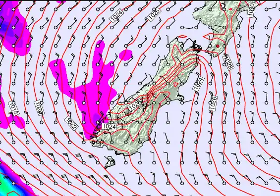 South Island forecast chart for Monday, May 25th, 2026 at 12:00 AM