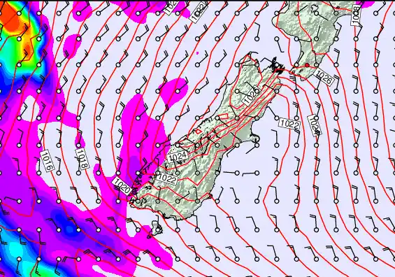 South Island forecast chart for Monday, May 25th, 2026 at 6:00 AM