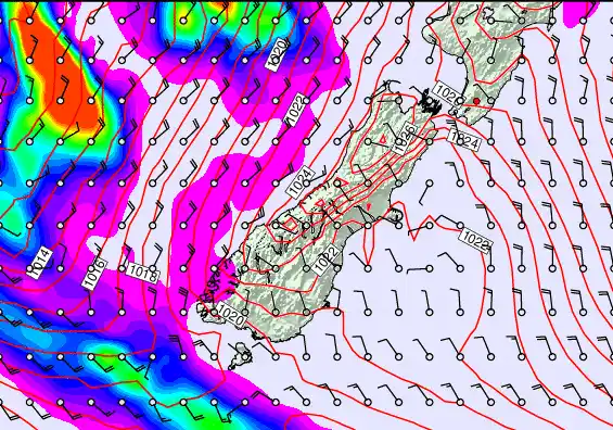 South Island forecast chart for Monday, May 25th, 2026 at 12:00 PM