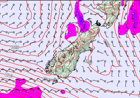 South Island forecast chart for Friday, May 29th, 2026 at 6:00 AM